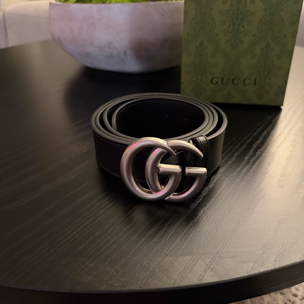 Gucci Belt Black With Silver GG Marmont Wide Belt With Shiny Buckle Men Size 130 - Picture 2 of 6